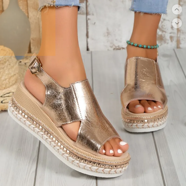Sandales Compensées Femme Métallisées à Bride Ajustable