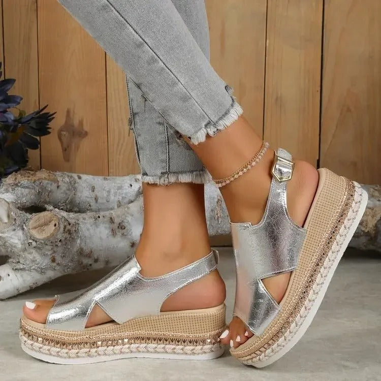 Sandales Compensées Femme Métallisées à Bride Ajustable